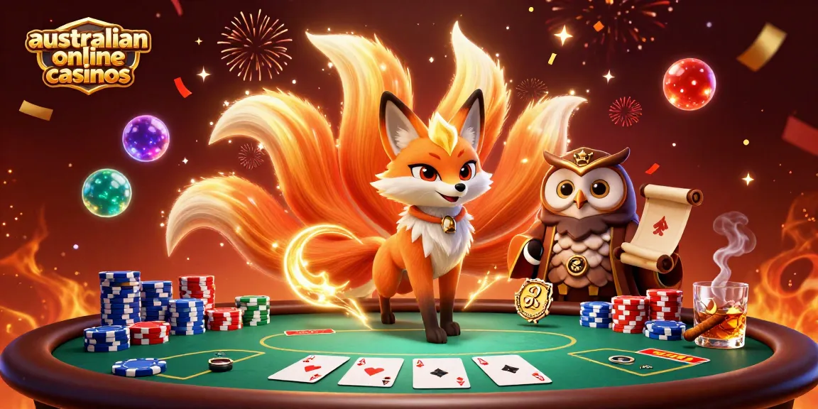 Experience the thrill of australian online casinos with a vibrant 3D illustration featuring poker and magic.