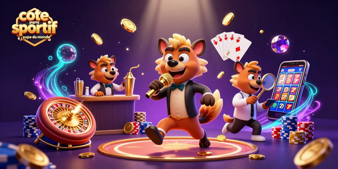 Célébrez cote paris sportif coupe du monde avec des hyènes animées à un casino comique, ambiance festive et éléments de jeu dynamiques.