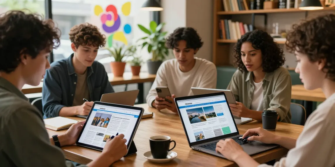 Readers engaging with https://www.theindaily.com on various devices in a cozy café.