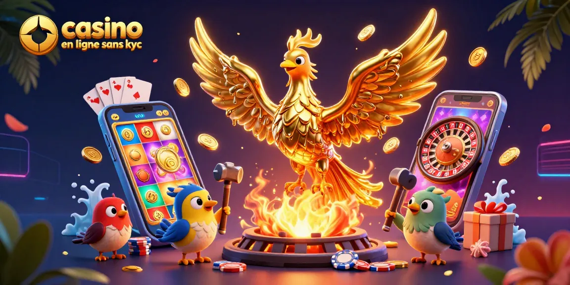 Jouer au casino en ligne sans KYC avec des machines à sous et des pièces d'or émergeant des jeux.