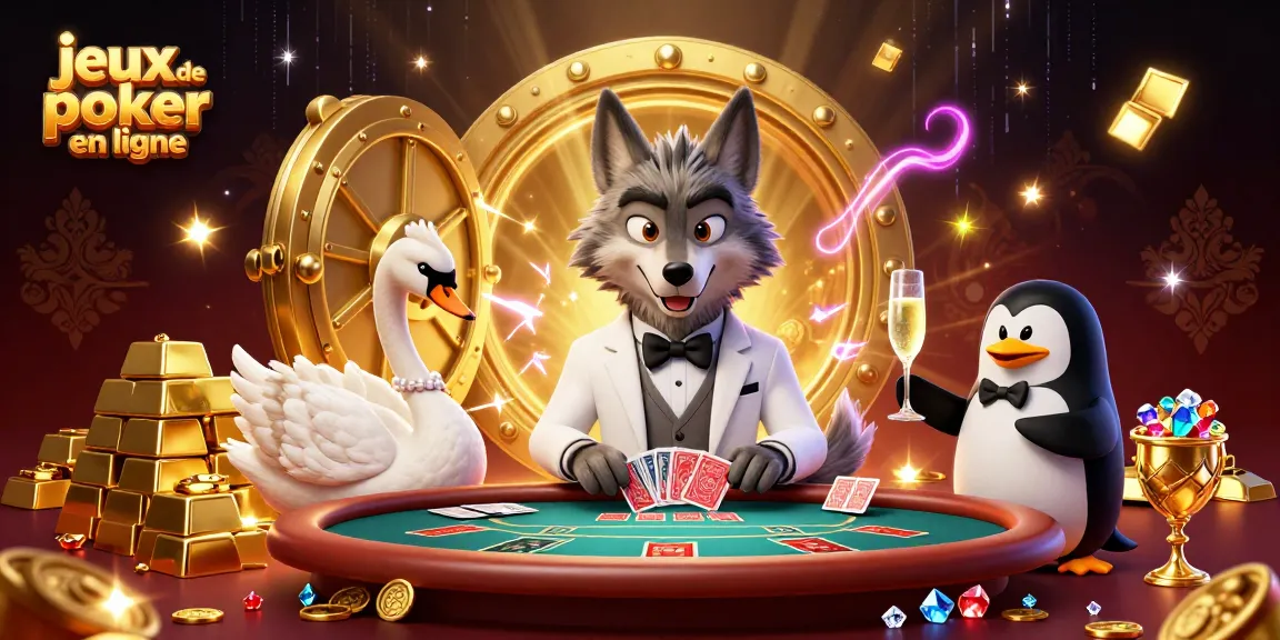 Découvrez les jeux de poker en ligne avec le loup chic et ses compagnons, entourés de trésors.