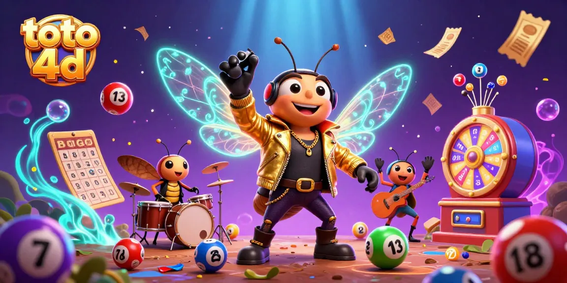 Toto 4D lively scene featuring a cicada rock star with lottery game elements, capturing excitement and energy for players.