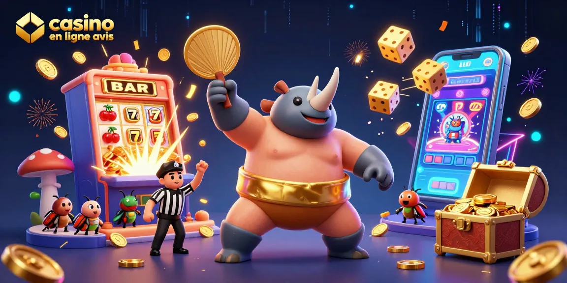 Appréciez notre illustration de casino en ligne avis mettant en scène un scarabée rhinocéros sumo, entouré de machines à sous et de pièces d'or.