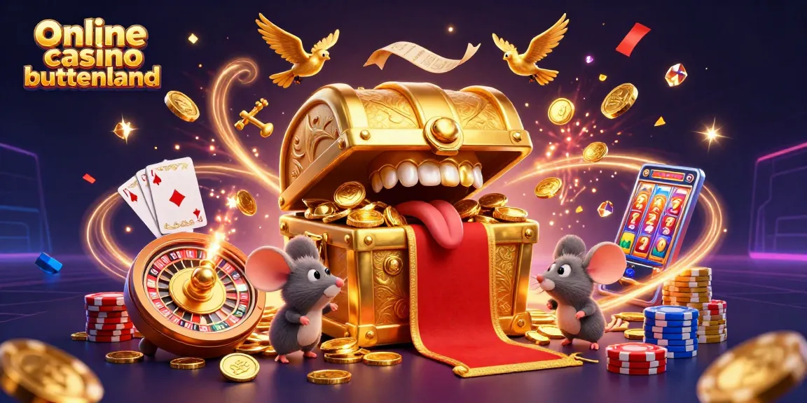 Engaging illustration of online casino buitenland capturing a treasure chest, swirling coins, and vibrant gaming elements.