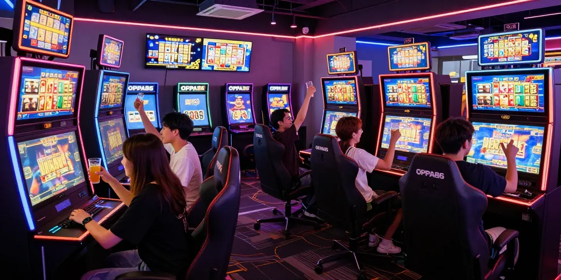 Exciting gaming experience at OPPA86 featuring friends celebrating wins around slot machines.