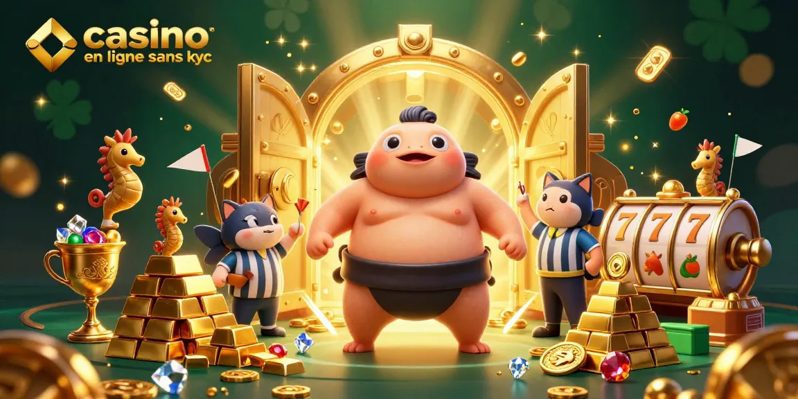 Image dynamique illustrant un casino en ligne sans kyc avec un fugu et de riches trésors.