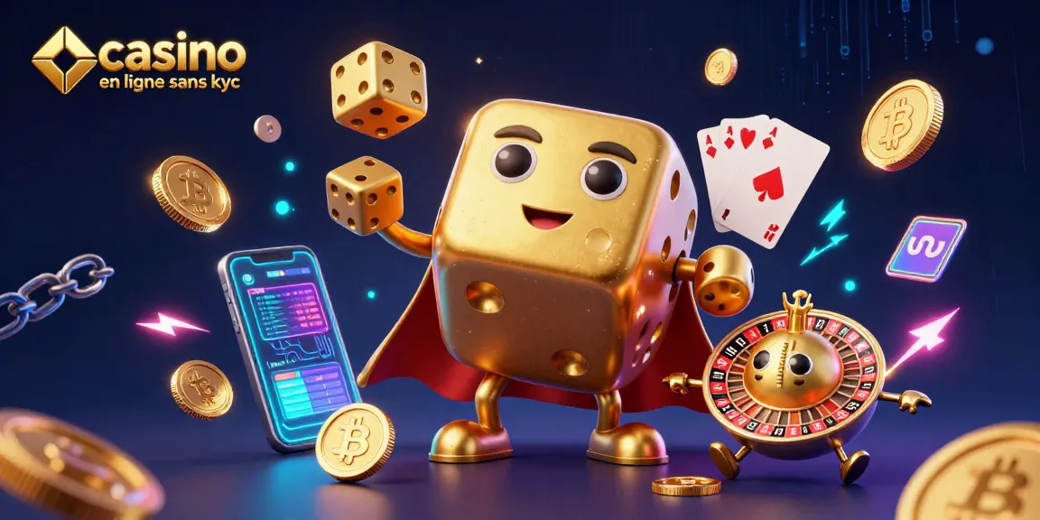 Un jeu captivant de casino en ligne sans KYC avec des dés dorés et des éléments de crypto-monnaie.