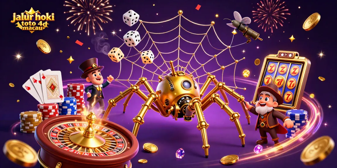 Engaging scene showcasing jalur hoki toto 4d macau with a steampunk spider, golden coins, and a fly gentleman.