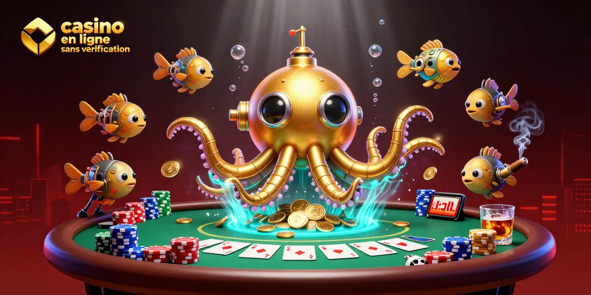 Découvrez une scène dynamique de casino en ligne sans vérification avec un kraken et des éléments de poker.