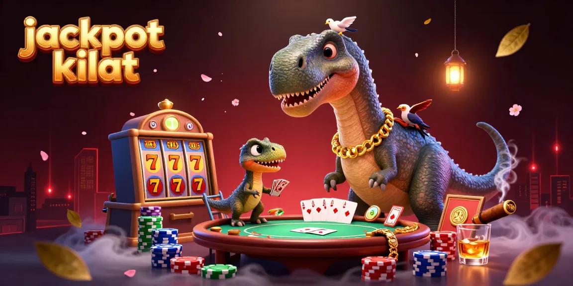Experience the excitement of jackpot kilat at this vibrant casino scene with a towering dinosaur and clever raptor.