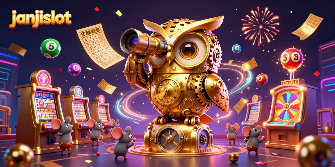 Engage with janjislot's vibrant casino scene featuring a golden owl and playful mice among dynamic gaming elements.