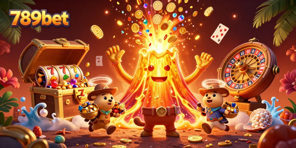 Experience excitement with 789bet's golden volcano erupting treasures in a vibrant casino scene.