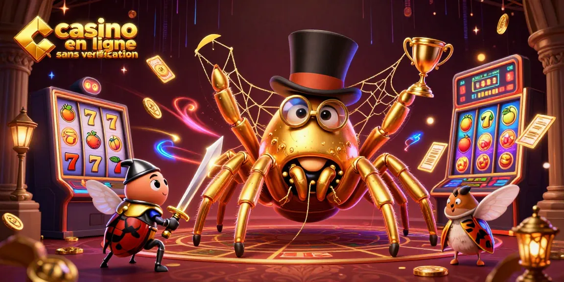 Expérimentez le casino en ligne sans vérification avec une illustration captivante de personnages ludiques et des machines à sous dorées.
